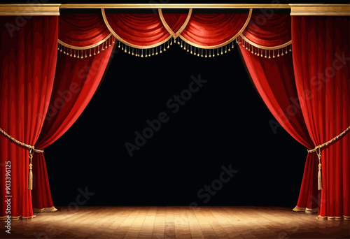 Theater Curtains: Red Stage Curtain with Gold Trim and Rods, Empty Stage with Lighting Rig and Wooden Floor