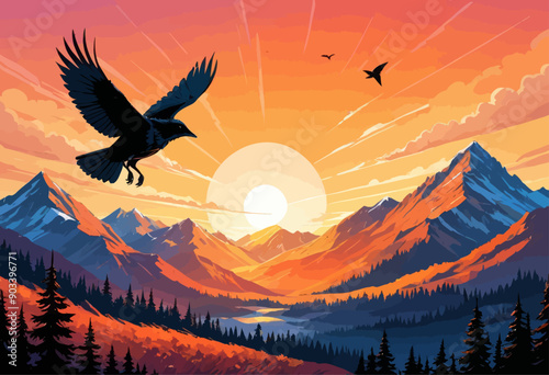 Sunrise over a mountainous landscape with a bird in flight