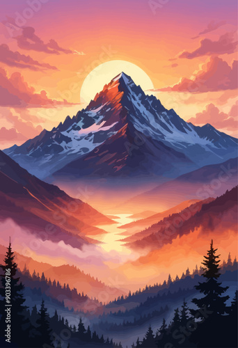 Sunrise over a mountain range with fog and clouds