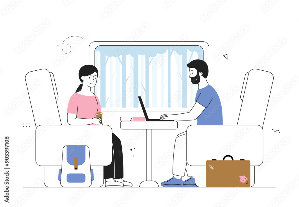 People ride inside train. Woman and man with laptop travel on public transport. Passengers in subway. Urban infrastructure for trips. Linear vector illustration People ride inside train. Woman and man with laptop travel on public transport. Passengers in subway. Urban infrastructure for trips. Linear vector illustration