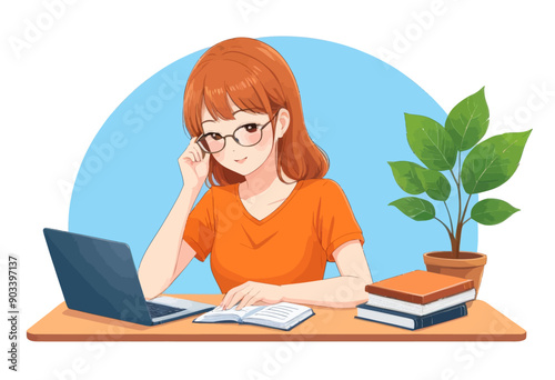 Studious Woman in Orange Shirt with Glasses, Books, and Plant