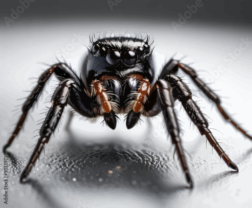 Spider with prominent eyes and hairy legs on a reflective surface
