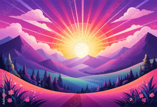 Spectacular Sunrise Over Mountains with Vibrant Clouds and Pink Hues