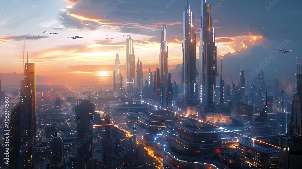 A high-tech cityscape at twilight, featuring advanced buildings with innovative designs, flying cars hovering near platforms, and a network of light beams connecting the city. A high-tech cityscape at twilight, featuring advanced buildings with innovative designs, flying cars hovering near platforms, and a network of light beams connecting the city.