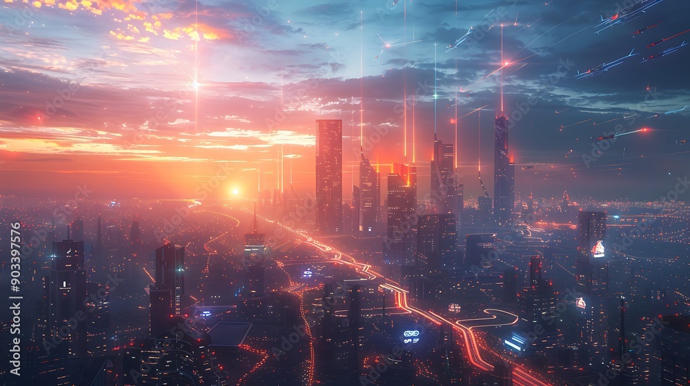 A high-tech cityscape at twilight, featuring advanced buildings with innovative designs, flying cars hovering near platforms, and a network of light beams connecting the city. A high-tech cityscape at twilight, featuring advanced buildings with innovative designs, flying cars hovering near platforms, and a network of light beams connecting the city.