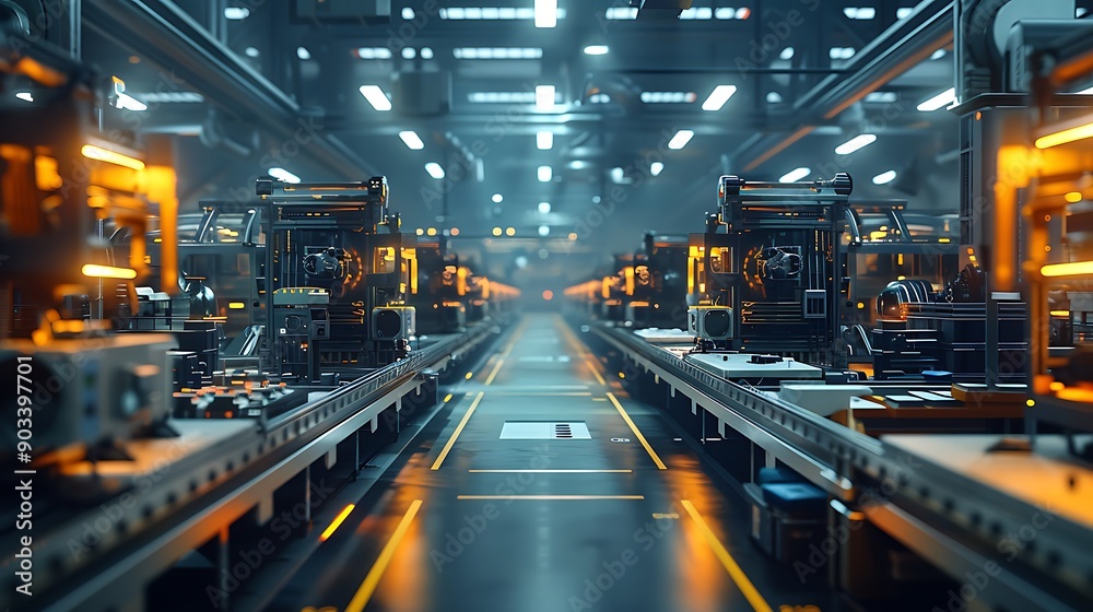A high-tech factory with automated production lines, featuring advanced robotics and AI systems working seamlessly, under bright industrial lighting. Created using: high-resolution camera, A high-tech factory with automated production lines, featuring advanced robotics and AI systems working seamlessly, under bright industrial lighting. Created using: high-resolution camera,