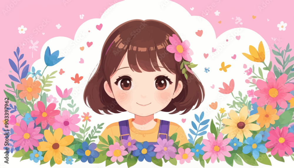 Smiling girl with flower crown and yellow apron, surrounded by colorful flowers and hearts Smiling girl with flower crown and yellow apron, surrounded by colorful flowers and hearts