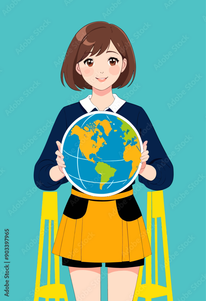 Fototapeta premium Smiling girl holding a globe