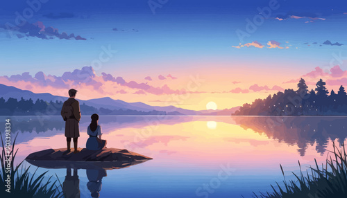 Serene Sunset Reflection: A Couple's Moment of Peace