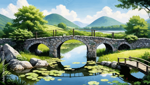 Serene Stone Bridge over Lily Pond