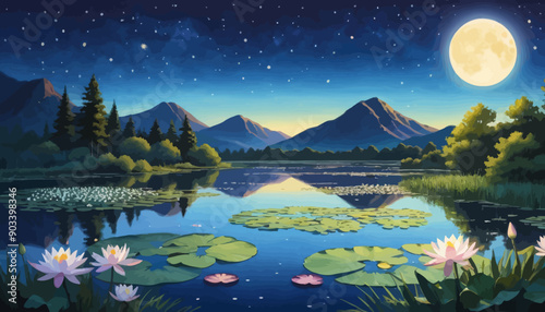 Serene Night at the Lake: Lily Pads and Lotus Flowers Reflecting the Full Moon