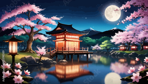 Serene Night at a Japanese Temple with Cherry Blossoms and a Full Moon