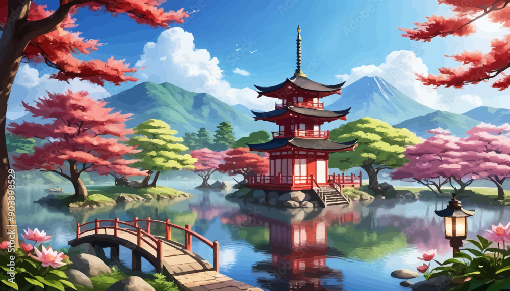 Obraz premium Serene Japanese Garden with Traditional Pagoda and Cherry Blossom Trees