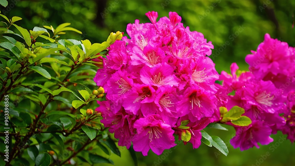 Fototapeta premium Vibrant Pink Rhododendron Flowers in Full Bloom Against Green Foliage - Photograph Ideal for Nature and Gardening Themes