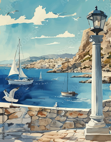 Serene Harbor Scene with Sailboats and Seagulls