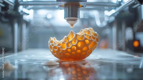 A modern 3D printer creating a complex object, with layers and patterns clearly visible, in a sleek, well-organized tech workspace, under bright lighting. Created using: high-resolution camera, photo