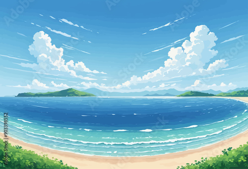 Serene Ocean View with Clouds and Mountains in the Background