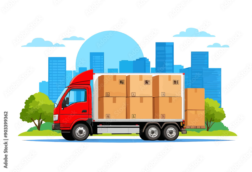 Red Truck Carrying Boxes in Front of City Skyline Red Truck Carrying Boxes in Front of City Skyline