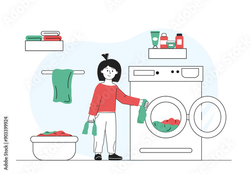 Girl washing things. Child puts dirty clothes in washing machine. Cleanliness and hygiene. Little helper and assistant doing household chores. Linear vector illustration