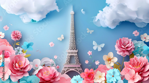 illustration of Eiffel tower in Paris with blue backdrop