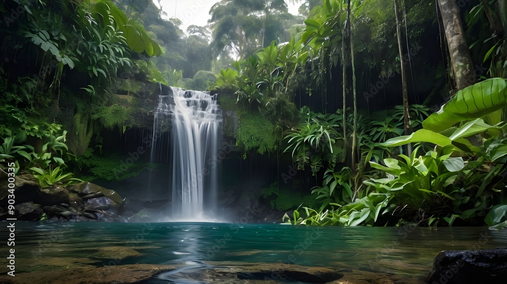 A detailed, close-up view of a majestic waterfall plunging down a rocky cliff in a lush, tropical jungle. The scene is captured in the early morning, with cool, humid air. A detailed, close-up view of a majestic waterfall plunging down a rocky cliff in a lush, tropical jungle. The scene is captured in the early morning, with cool, humid air.