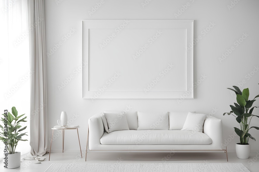 Fototapeta premium modern interior design, white-toned white walls, a piece of furniture, a mock-up frame