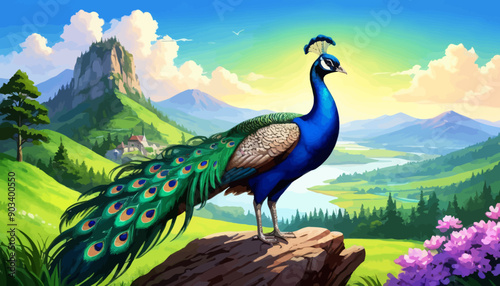 Peacock perched on rocky outcrop, overlooking verdant valley and distant mountains