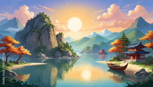 Peaceful Scenic Lake View with Traditional Asian Houses and Boats