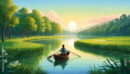Peaceful River Journey: A Solitary Paddler Under the Sunset Sky