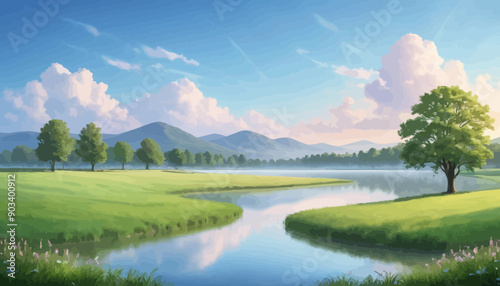 Peaceful Riverbank Scenery with Mountains and Clouds