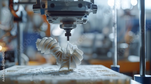 An advanced 3D printing setup with a printer building a detailed prototype, with a close-up focus on the printing process and the intricate design, in a modern, well-lit workshop. photo