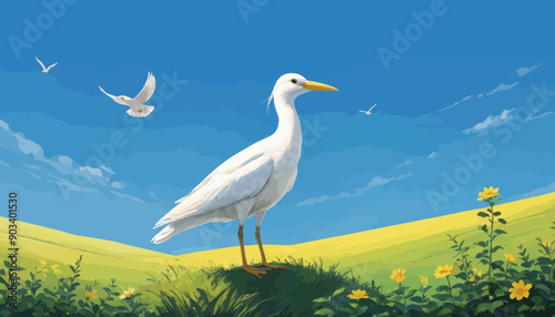 Peaceful Bird Watching Over a Field of Yellow Flowers