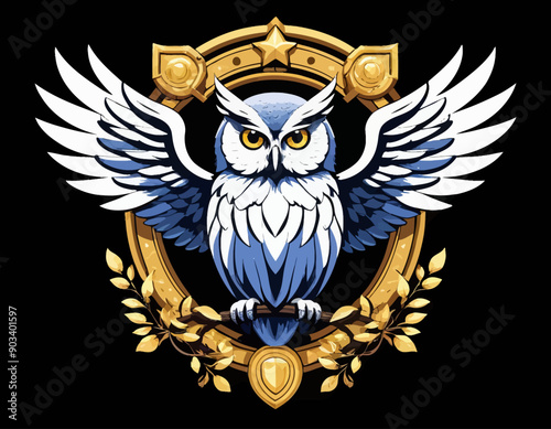 Owl Emblem with Golden Frame and Leaves