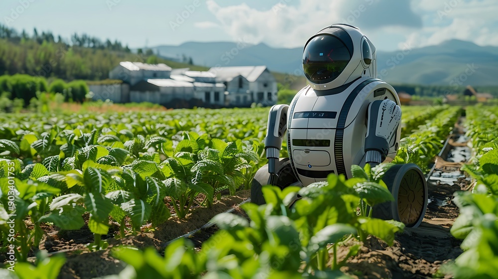 An advanced farming robot tending to crops in a high-tech field, with rows of healthy plants and a modern farmhouse in the background, under clear, sunny weather. An advanced farming robot tending to crops in a high-tech field, with rows of healthy plants and a modern farmhouse in the background, under clear, sunny weather.