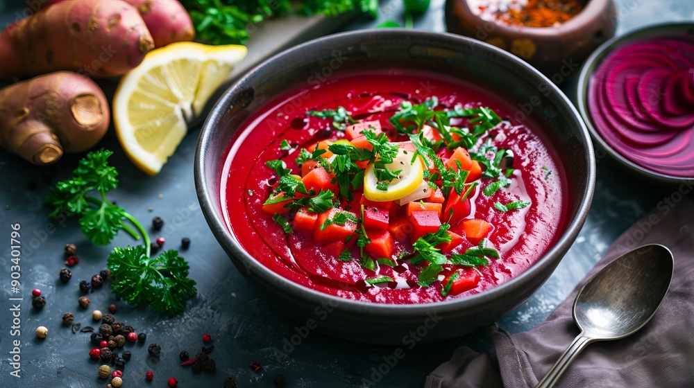 A bowl of beetroot soup with vegetables and herbs on a table A bowl of beetroot soup with vegetables and herbs on a table