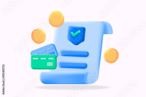 Digital payment security illustration: credit cards, coins, and a secure document. 3d vector illustration