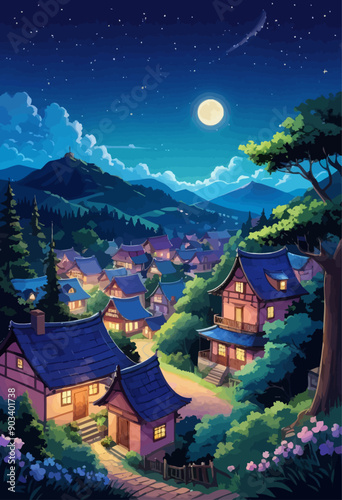 Nighttime Village Scene with Blue Roofs and Lush Trees