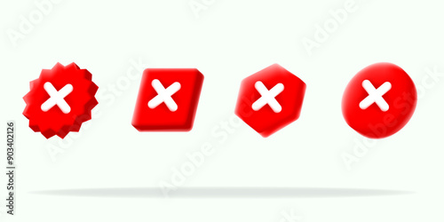 Red "X" icons in various shapes, perfect for indicating errors, cancellations, or rejections. 3d vector