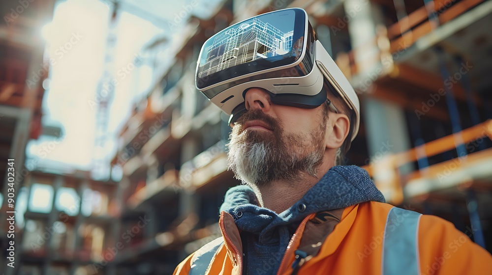 An architect using AR glasses on a construction site, visualizing virtual building plans and structures overlaid on the real environment, with bright, natural light and a detailed urban backdrop. An architect using AR glasses on a construction site, visualizing virtual building plans and structures overlaid on the real environment, with bright, natural light and a detailed urban backdrop.