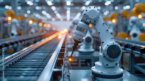 An automated assembly line in a smart factory, with robotic arms performing synchronized tasks, surrounded by advanced machinery and bright, even lighting. Created using: high-resolution camera,