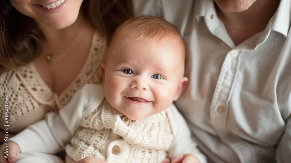 Loving family. A baby smiling warmly while being cuddled by their parents. Loving family. A baby smiling warmly while being cuddled by their parents.