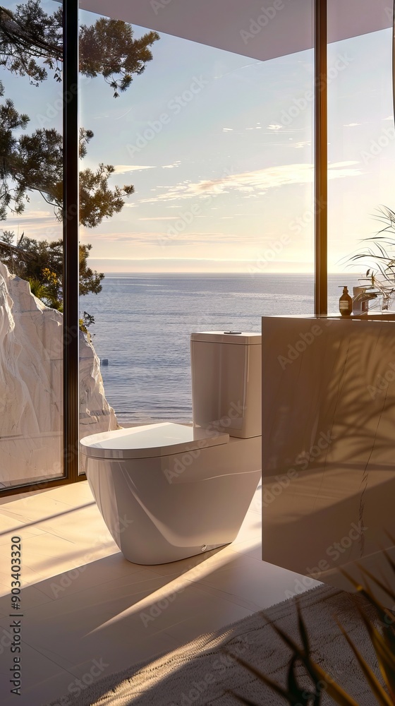 A bathroom with a view of the ocean from the window A bathroom with a view of the ocean from the window