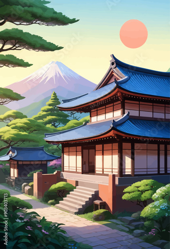 Japanese Temple with Mountain View