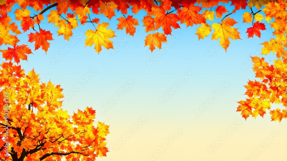 Obraz premium Vibrant Autumn Leaves Illustration with Clear Blue Sky Background for Seasonal Designs and Nature Themes
