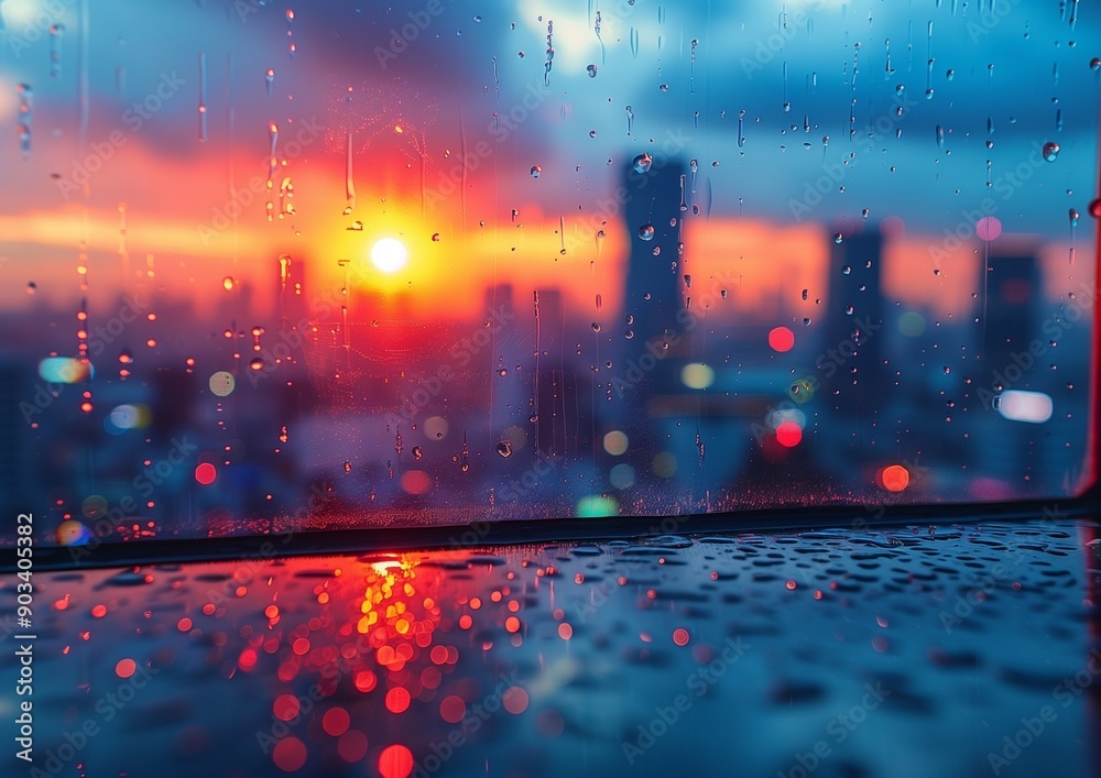 Obraz premium Stunning Urban Sunset Through Raindrop-Filled Window, Vibrant Photography Capturing Cityscape Bokeh Effect