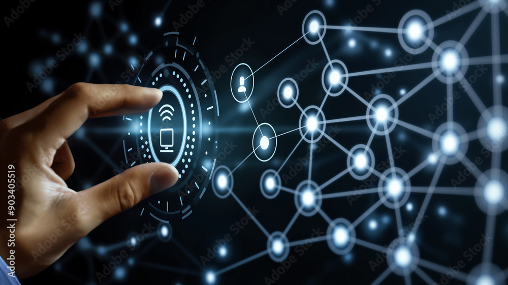 Hand interacting with a futuristic digital interface displaying glowing icons representing various technologies, set against a blurred dark background. Hand interacting with a futuristic digital interface displaying glowing icons representing various technologies, set against a blurred dark background.