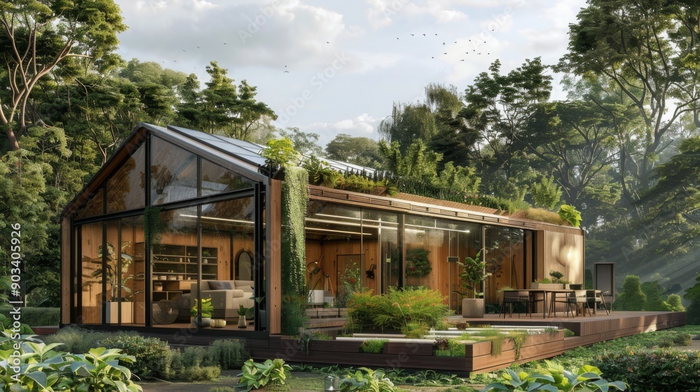 A modern glass house with a green roof stands nestled amidst tall trees in a lush forest. The house features large windows and a spacious deck, perfect for enjoying the natural surroundings. A modern glass house with a green roof stands nestled amidst tall trees in a lush forest. The house features large windows and a spacious deck, perfect for enjoying the natural surroundings.