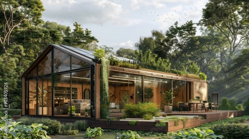 A modern glass house with a green roof stands nestled amidst tall trees in a lush forest. The house features large windows and a spacious deck, perfect for enjoying the natural surroundings.