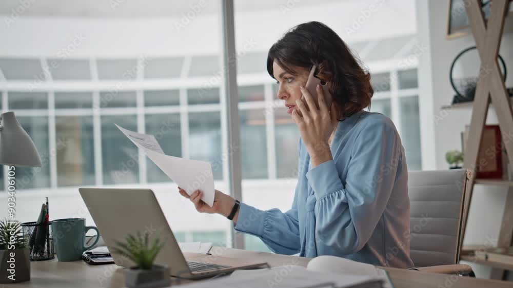 Busy worker speaking telephone explaining work issue in laptop office closeup. Busy worker speaking telephone explaining work issue in laptop office closeup.