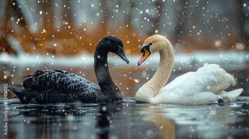 Fototapeta Naklejka Na Ścianę i Meble -  A couple of swans are swimming in the water in the snow